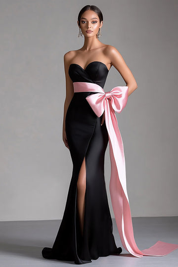 Sweetheart Bow Sash Mermaid Black Tie Dress with Slit